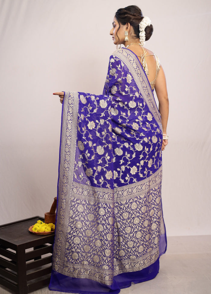 Royal Blue Chiffon Pure Silk Saree With Blouse Piece - Indian Silk House Agencies