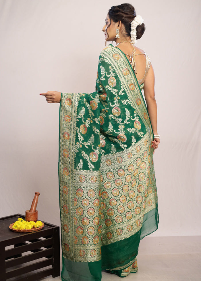 Bottle Green Chiffon Pure Silk Saree With Blouse Piece - Indian Silk House Agencies