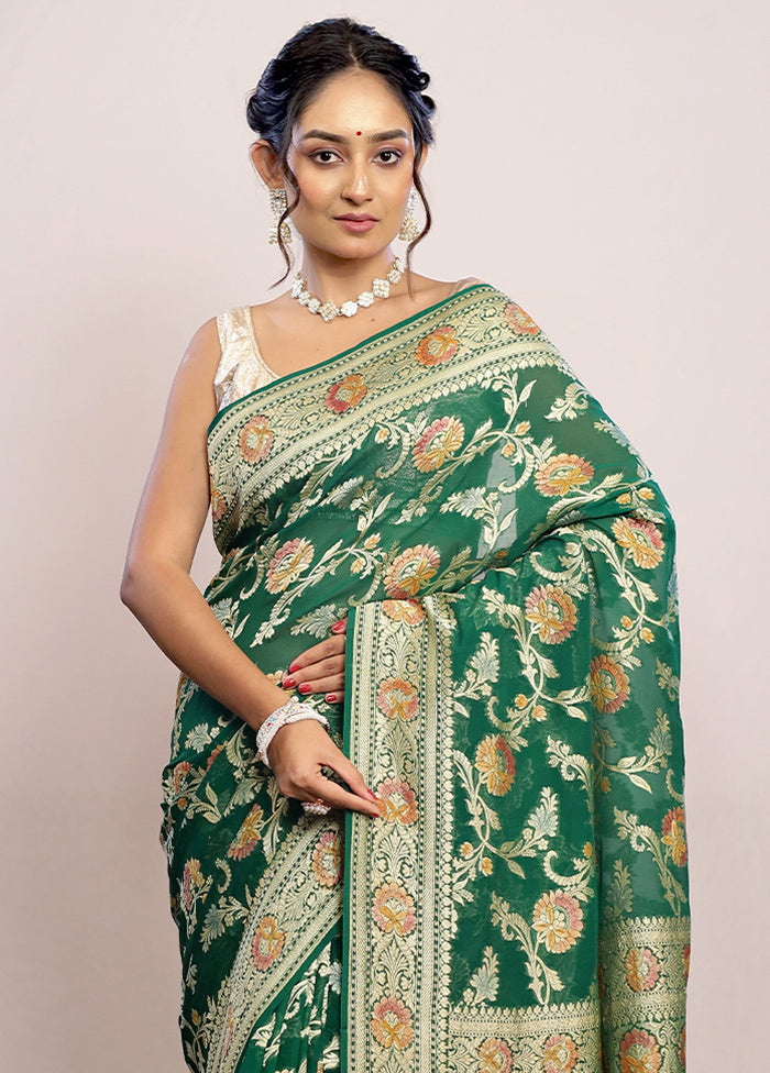 Bottle Green Chiffon Pure Silk Saree With Blouse Piece - Indian Silk House Agencies
