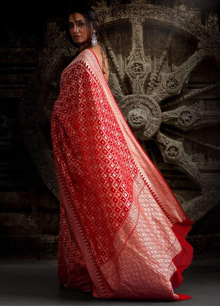 Red Chiffon Pure Silk Saree With Blouse Piece - Indian Silk House Agencies
