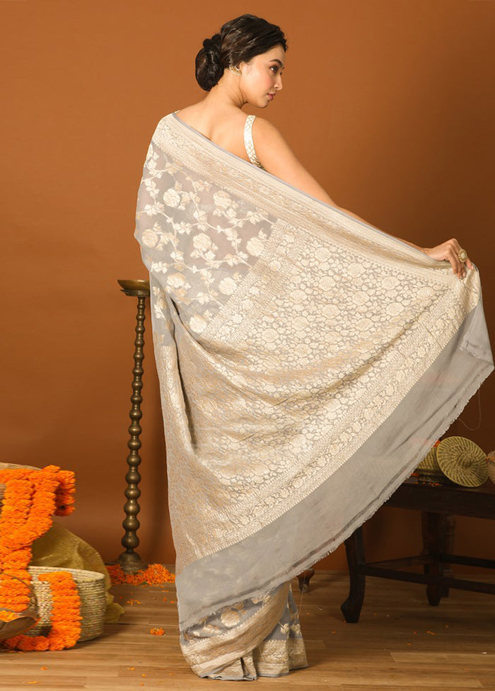 Grey Chiffon Pure Silk Saree With Blouse Piece - Indian Silk House Agencies