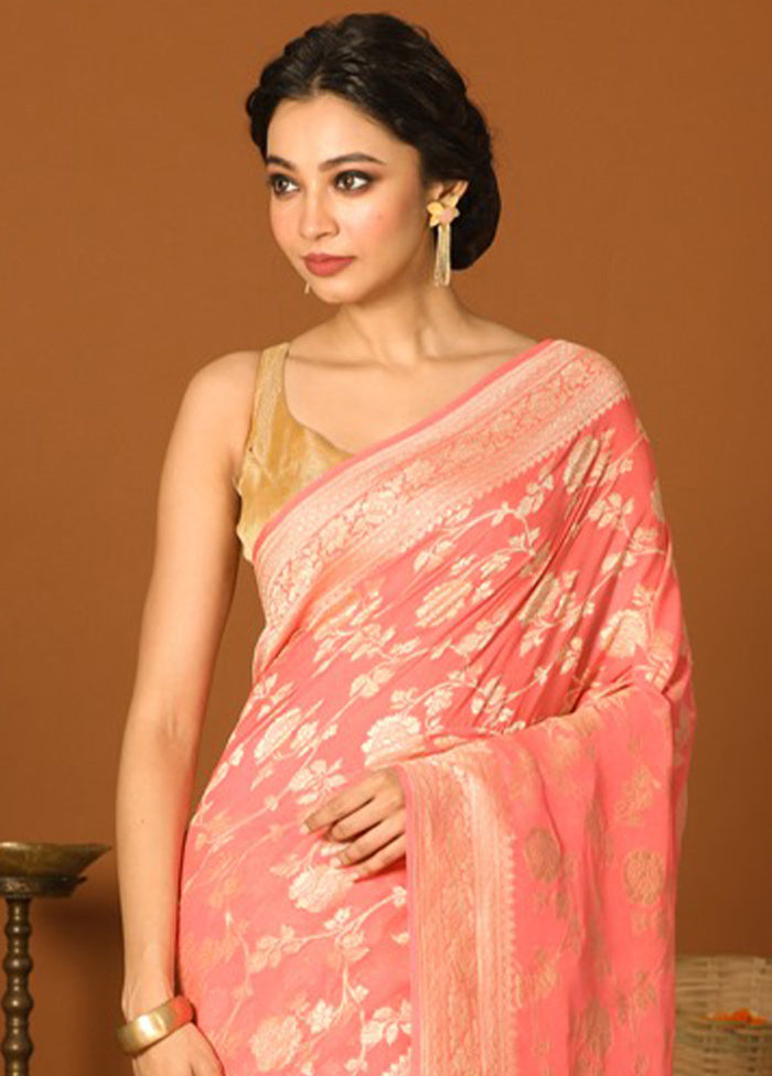Pink Chiffon Pure Silk Saree With Blouse Piece - Indian Silk House Agencies