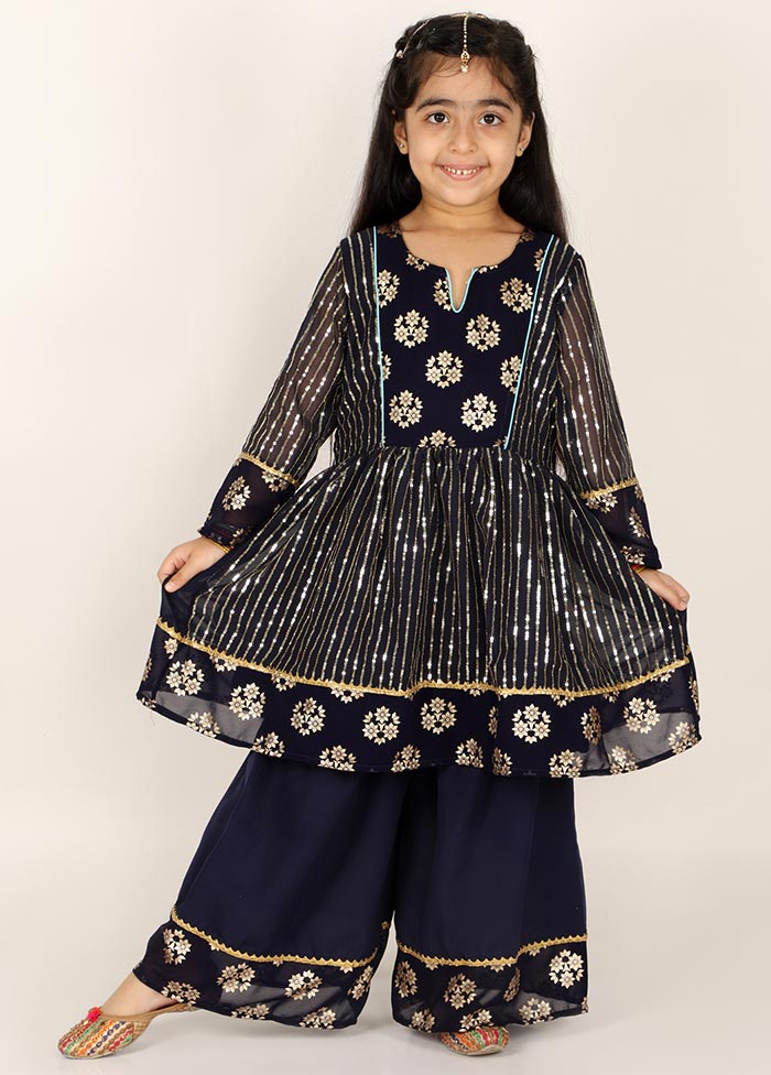 Blue Georgette Sequined Sharara Set For Girls - Indian Silk House Agencies