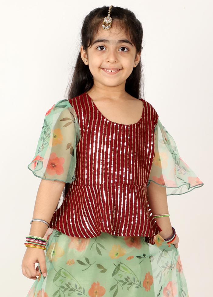 Green Printed Skirt Set For Girls - Indian Silk House Agencies