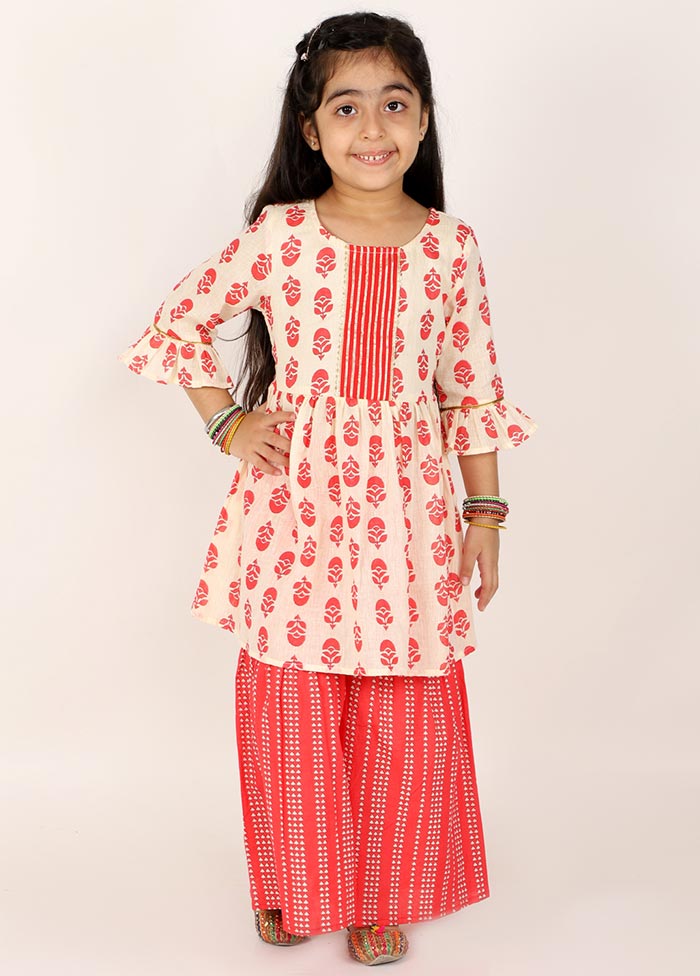 Red Printed Kurta With Sharara Set For Girls - Indian Silk House Agencies
