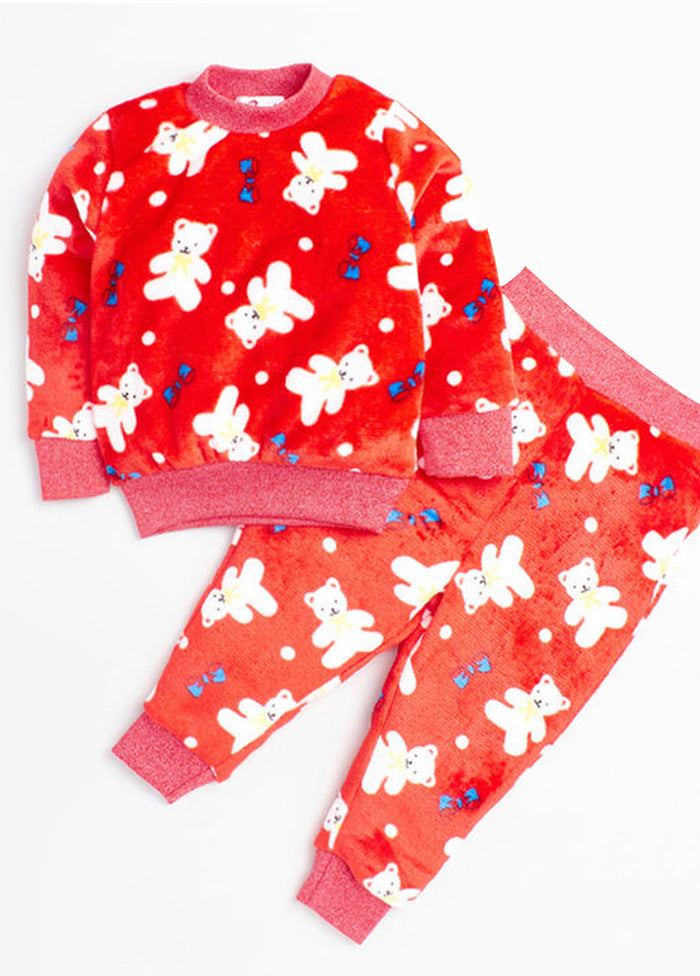 Faux Shearling Track Suit Red Teddy Print Track Suit - Indian Silk House Agencies