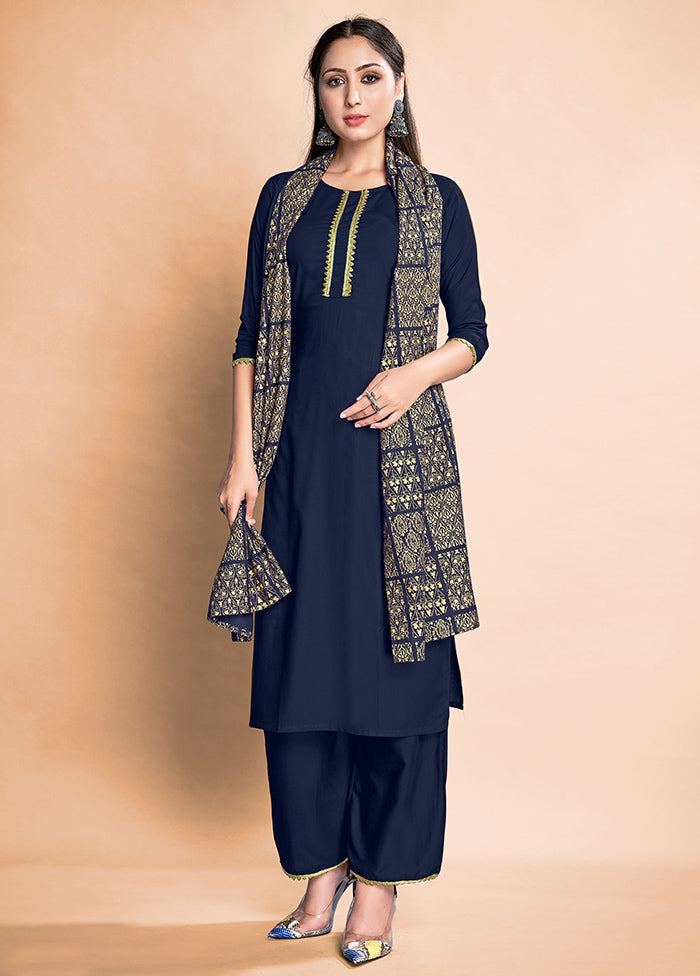 3 Pc Navy Blue Readymade Rayon Suit Set - Indian Silk House Agencies