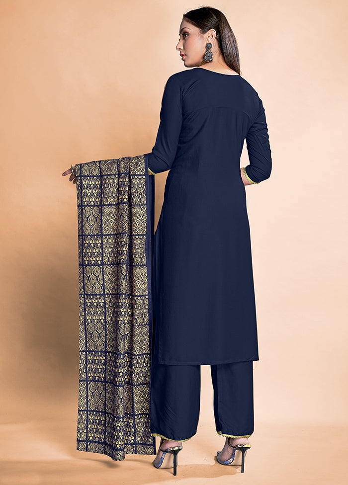 3 Pc Navy Blue Readymade Rayon Suit Set - Indian Silk House Agencies