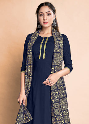 3 Pc Navy Blue Readymade Rayon Suit Set - Indian Silk House Agencies