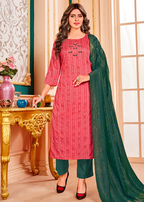 3 Pc Pink Readymade Cotton Suit Set - Indian Silk House Agencies