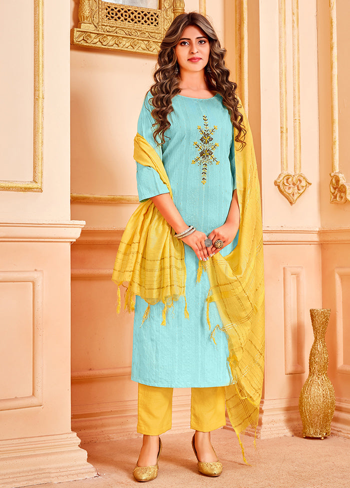 3 Pc Light Blue Readymade Cotton Suit Set - Indian Silk House Agencies