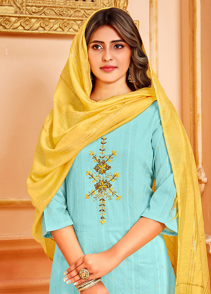 3 Pc Light Blue Readymade Cotton Suit Set - Indian Silk House Agencies