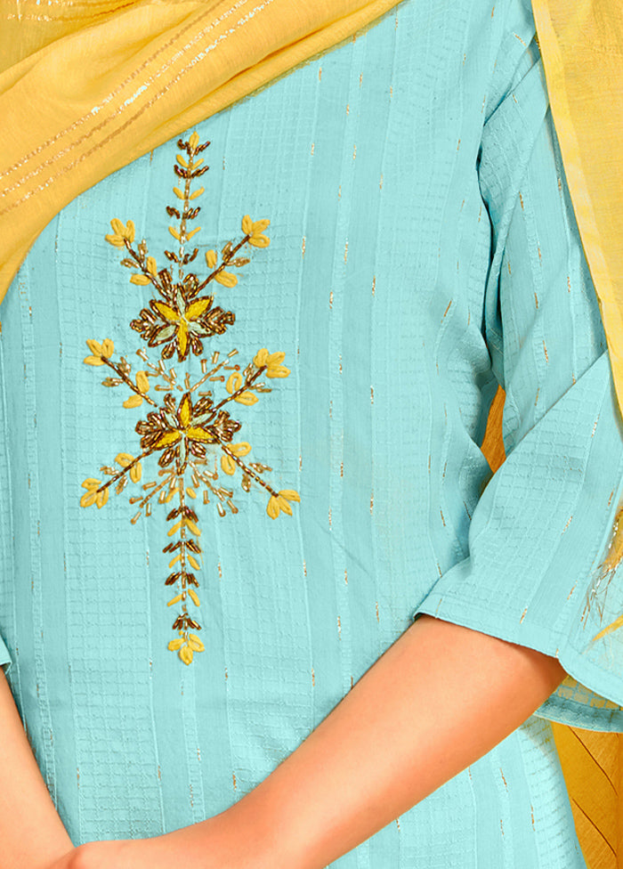 3 Pc Light Blue Readymade Cotton Suit Set - Indian Silk House Agencies