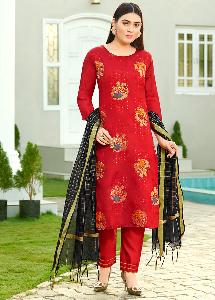 3 Pc Red Readymade Silk Suit Set - Indian Silk House Agencies