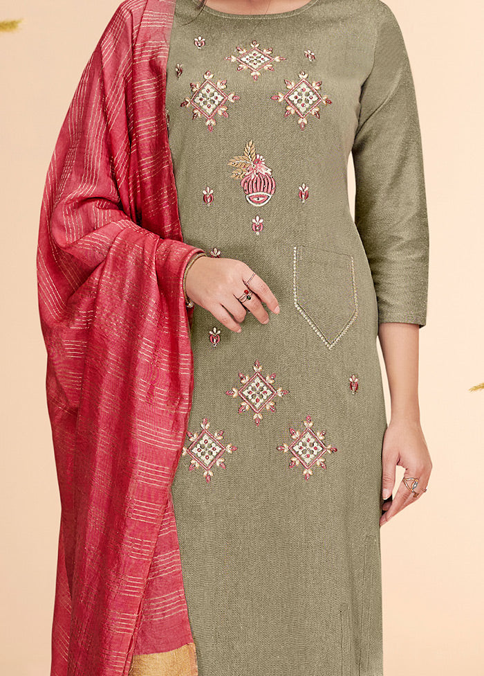 3 Pc Beige Readymade Cotton Suit Set - Indian Silk House Agencies