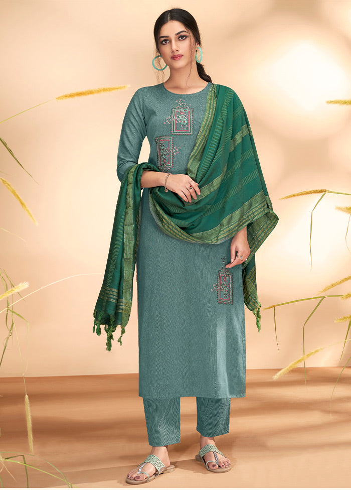 3 Pc Teal Blue Readymade Cotton Suit Set - Indian Silk House Agencies