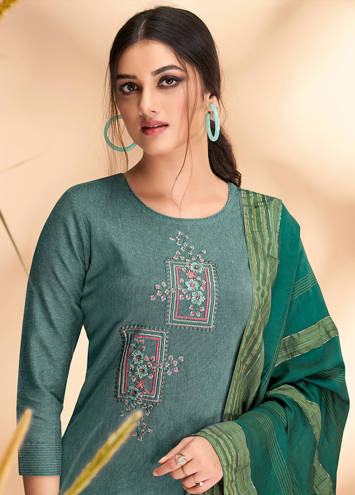 3 Pc Teal Blue Readymade Cotton Suit Set - Indian Silk House Agencies