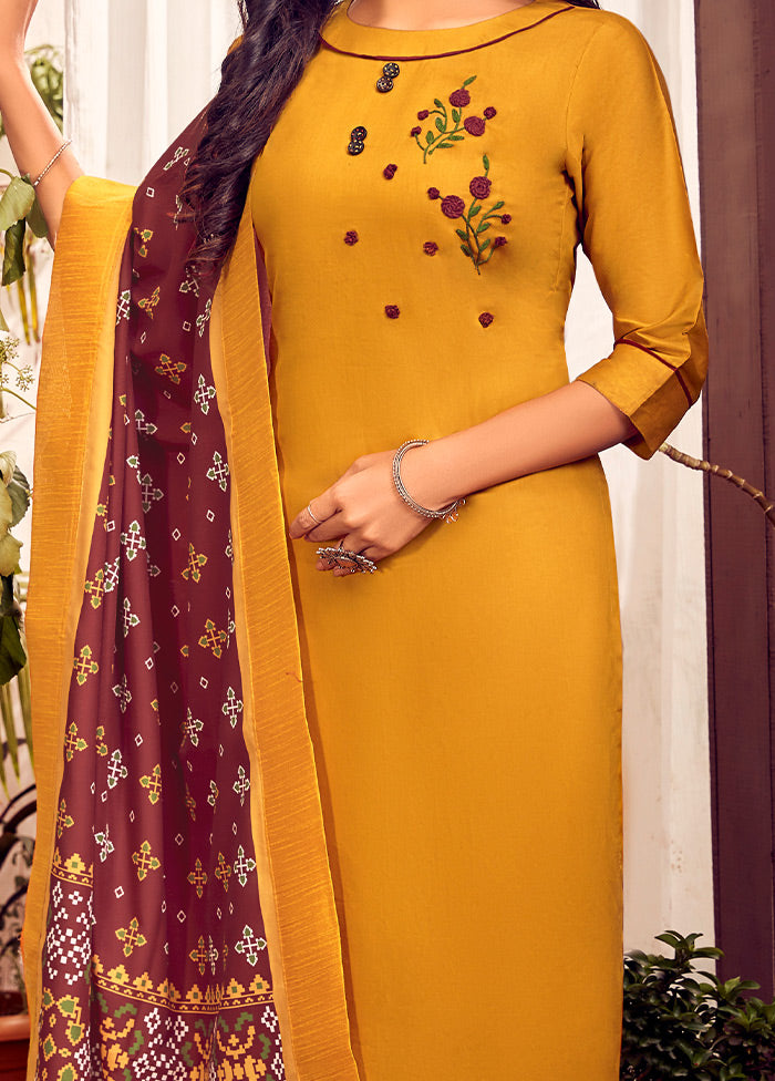 3 Pc Mustard Readymade Cotton Suit Set - Indian Silk House Agencies