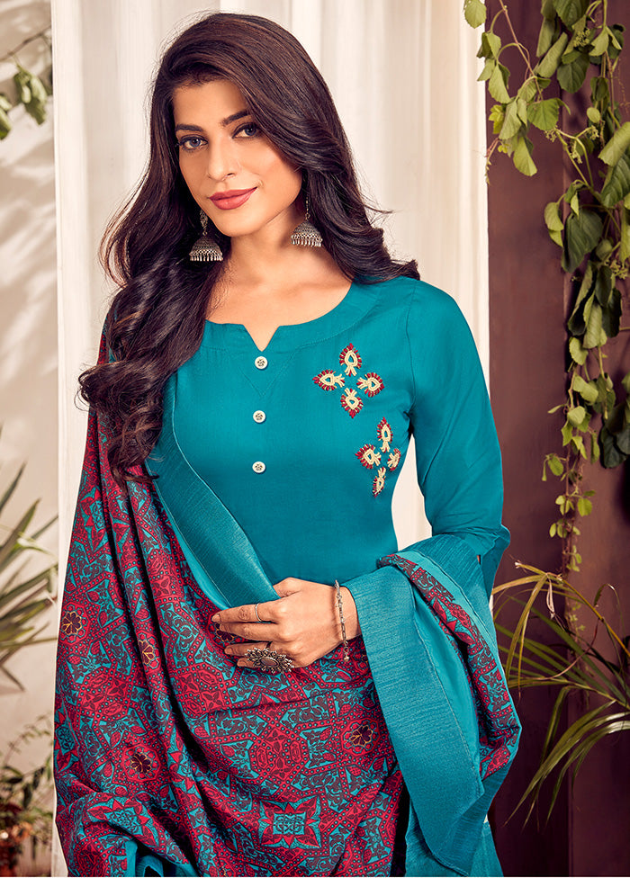 3 Pc Teal Readymade Cotton Suit Set - Indian Silk House Agencies