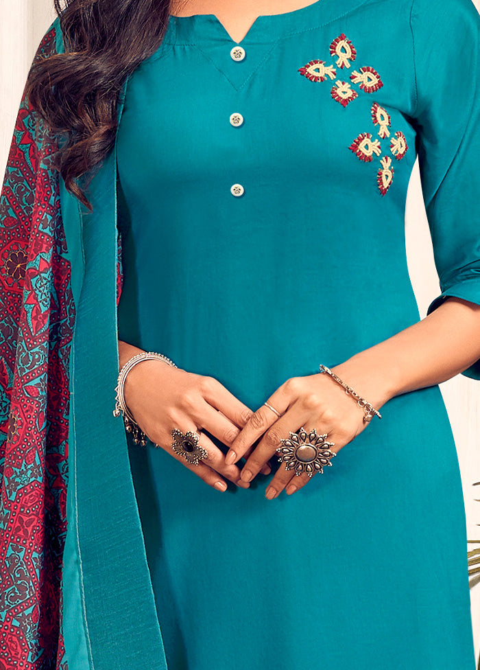 3 Pc Teal Readymade Cotton Suit Set - Indian Silk House Agencies
