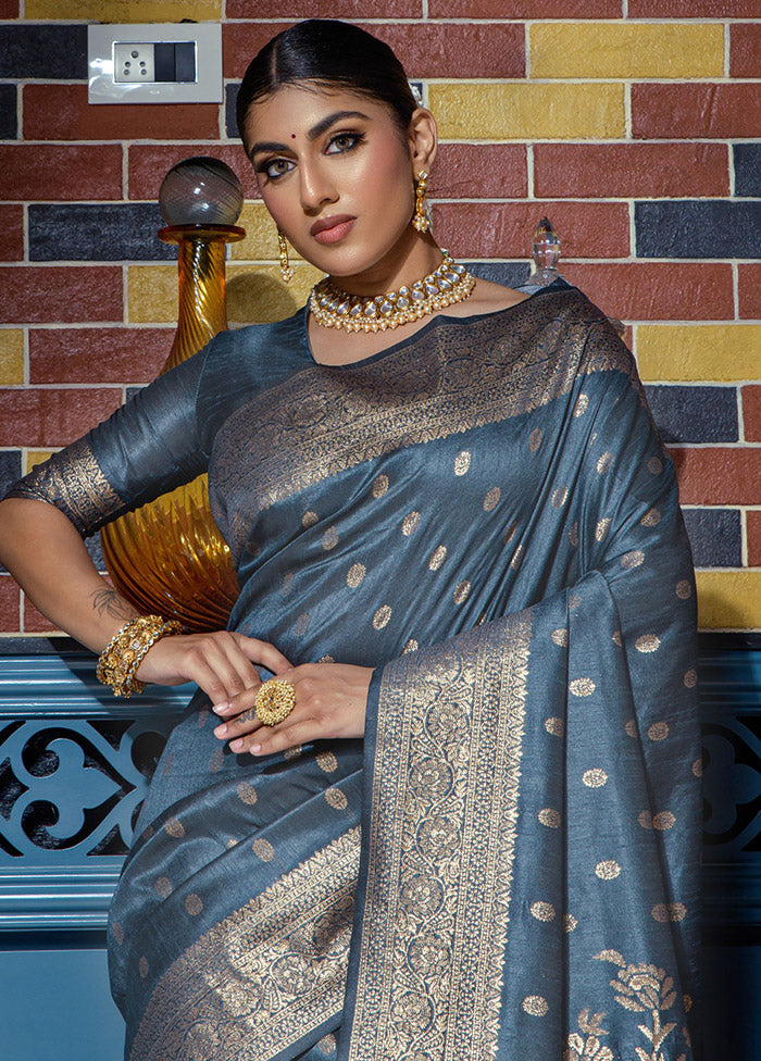 Grey Dupion Silk Saree With Blouse Piece - Indian Silk House Agencies