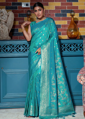 Turquoise Dupion Silk Saree With Blouse Piece - Indian Silk House Agencies