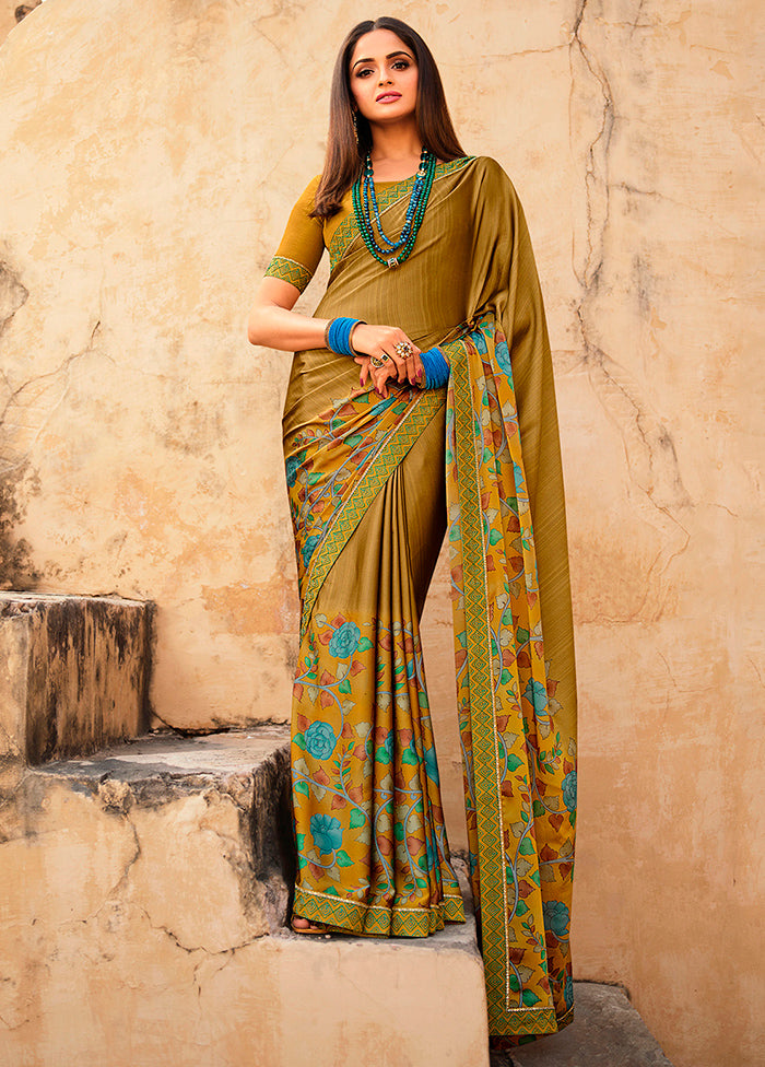 Mehendi Chiffon Silk Saree With Blouse Piece - Indian Silk House Agencies