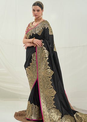 Black Dupion Silk Saree With Blouse Piece - Indian Silk House Agencies