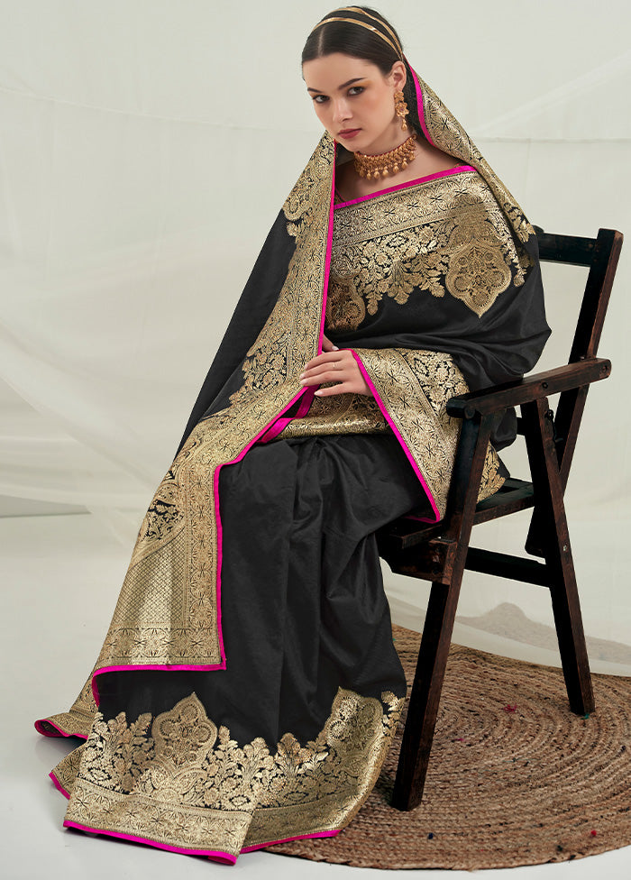 Black Dupion Silk Saree With Blouse Piece - Indian Silk House Agencies