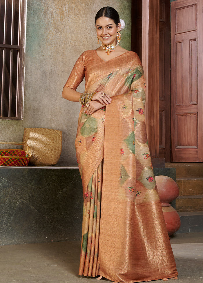 Peach Spun Silk Saree With Blouse Piece - Indian Silk House Agencies