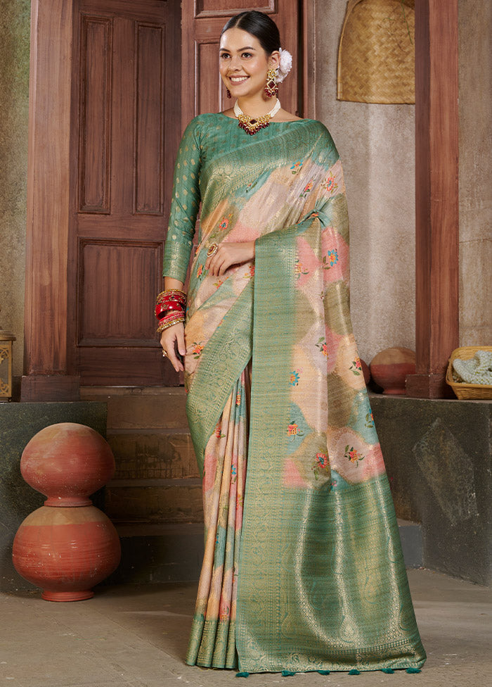 Green Spun Silk Saree With Blouse Piece - Indian Silk House Agencies