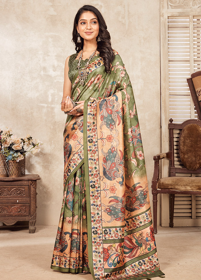 Green Spun Silk Saree With Blouse Piece - Indian Silk House Agencies