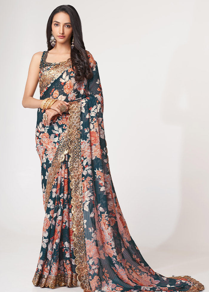 Navy Blue Organza Saree With Blouse Piece - Indian Silk House Agencies