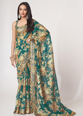 Teal Blue Organza Saree With Blouse Piece - Indian Silk House Agencies