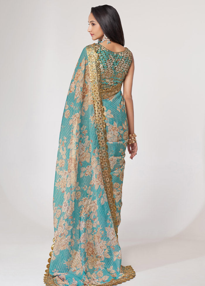 Sky Blue Organza Saree With Blouse Piece - Indian Silk House Agencies