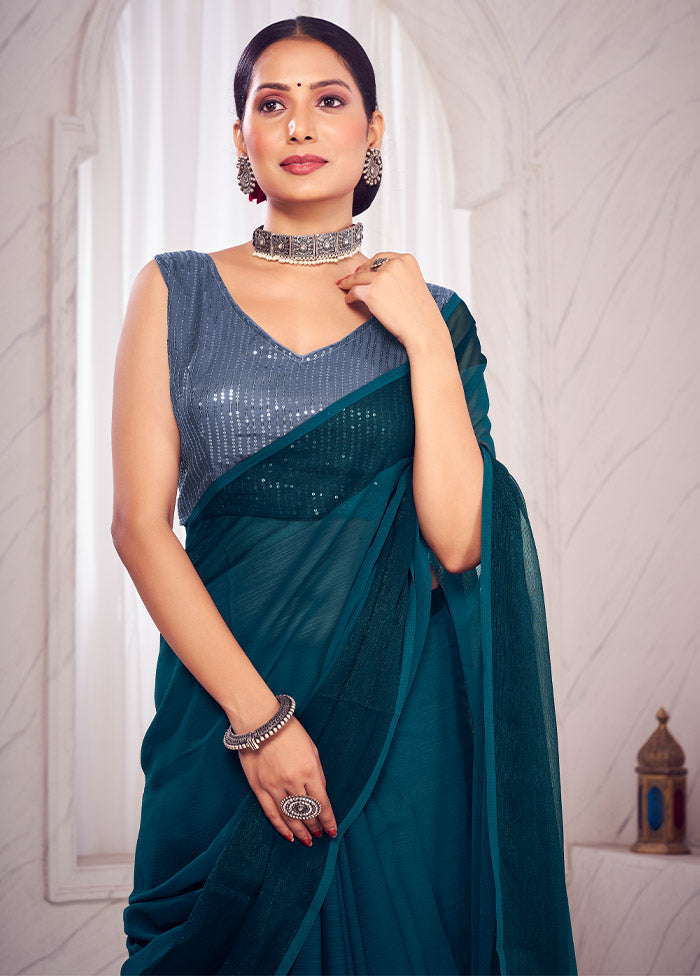 Aqua Spun Silk Saree With Blouse Piece - Indian Silk House Agencies