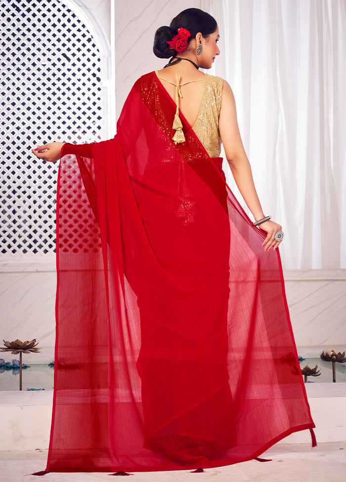 Red Spun Silk Saree With Blouse Piece - Indian Silk House Agencies