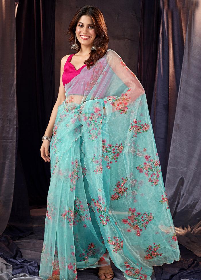 Blue Organza Saree With Blouse Piece - Indian Silk House Agencies