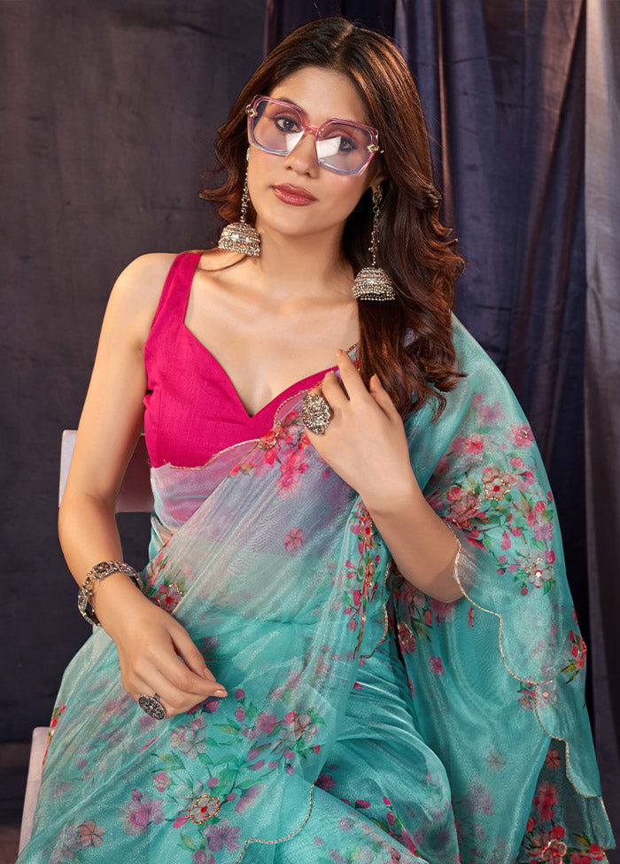 Blue Organza Saree With Blouse Piece - Indian Silk House Agencies