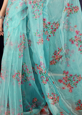 Blue Organza Saree With Blouse Piece - Indian Silk House Agencies