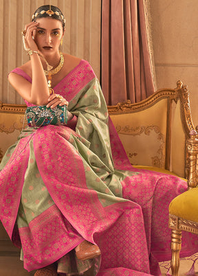 Olive Green Spun Silk Saree With Blouse Piece - Indian Silk House Agencies