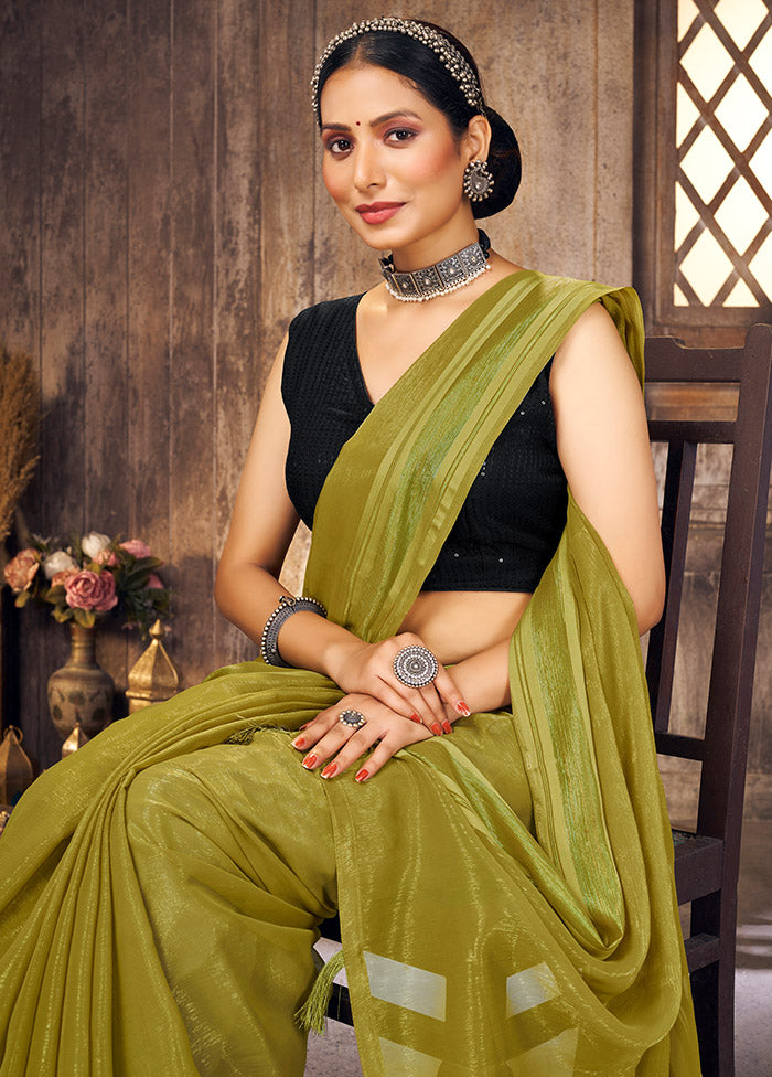 Olive Green Spun Silk Saree With Blouse Piece - Indian Silk House Agencies