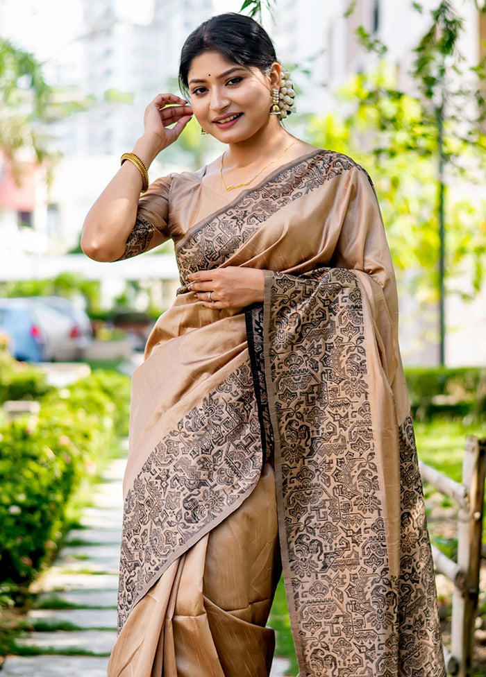 Beige Spun Silk Saree With Blouse Piece - Indian Silk House Agencies