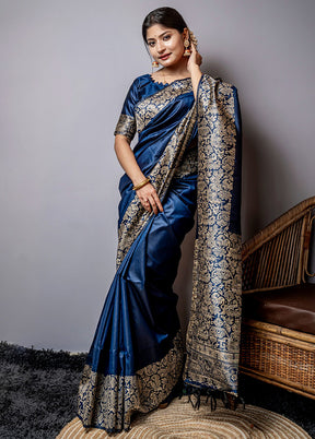 Navy Blue Spun Silk Saree With Blouse Piece - Indian Silk House Agencies