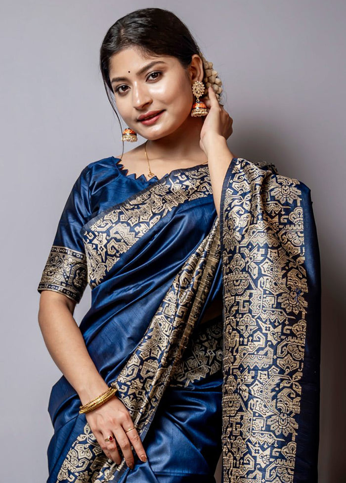 Navy Blue Spun Silk Saree With Blouse Piece - Indian Silk House Agencies