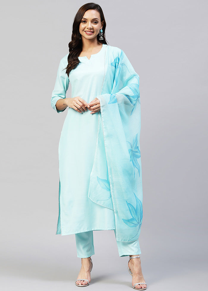 3 Pc Sky Blue Readymade Rayon Suit Set - Indian Silk House Agencies