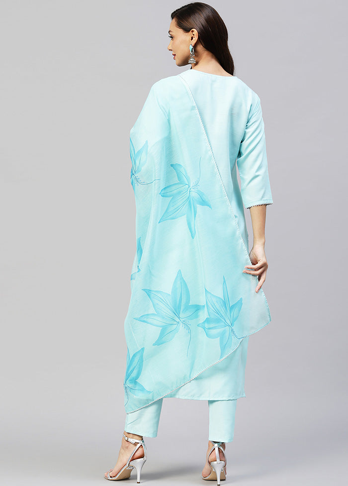 3 Pc Sky Blue Readymade Rayon Suit Set - Indian Silk House Agencies