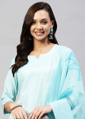 3 Pc Sky Blue Readymade Rayon Suit Set - Indian Silk House Agencies