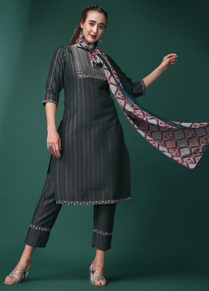 3 Pc Grey Readymade Silk Suit Set - Indian Silk House Agencies