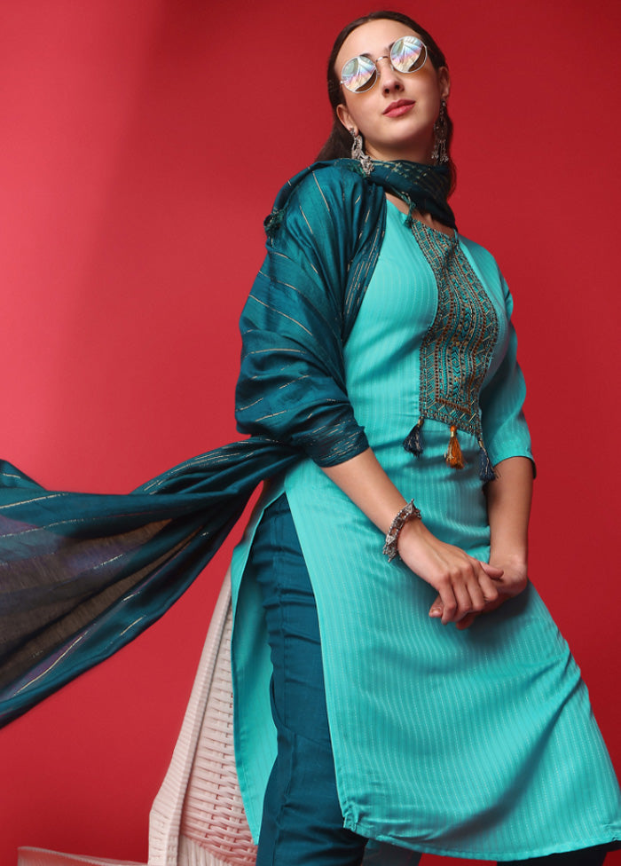 3 Pc Sky Blue Readymade Viscose Suit Set - Indian Silk House Agencies